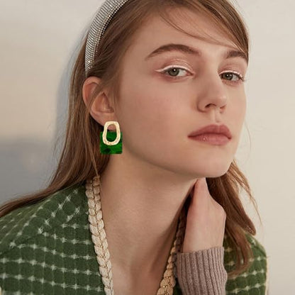 70s 80s Acrylic Hollow Round Geometric Dangle Drop Earrings Retro Square Oval Stud earrings For Women - style: Green