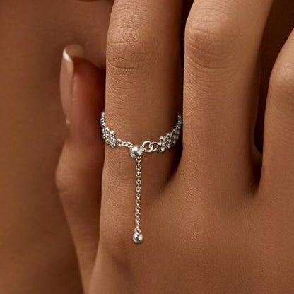 925 Sterling Silver Adjustable Link Chain Rings for Women Daughter | Dainty 14k Gold Plated Evil Eye/Cross/Flower Ring Sparkly Twist Rope with Bead Dangle Stackable Ring Jewelry Birthday Gifts - color: Style 2-Silver