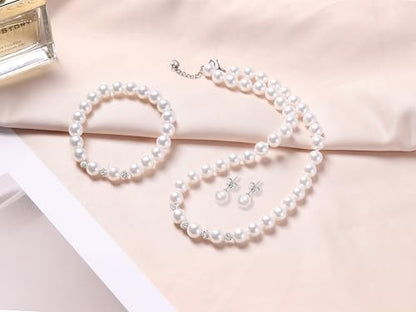 Pearl Jewelry Set for Women & Girls, Rhinestone Necklace Bracelet Earrings | 8mm White Faux Pearl Set, Rhinestone Sparkle Detail, Prom Night Accessory, Party, Gift - style: 14.5 inches