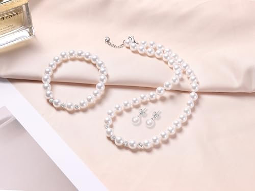 Pearl Jewelry Set for Women & Girls, Rhinestone Necklace Bracelet Earrings | 8mm White Faux Pearl Set, Rhinestone Sparkle Detail, Prom Night Accessory, Party, Gift - style: 16 inches