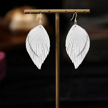 Genuine Leather Handmade Fringe Feather Lightweight Dangle Drop Earrings Teardrop Tassel Hook Earrings for Women - style: 1 White