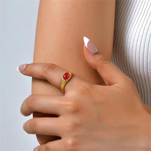 HIJONES Women's Stainless Steel Oval Opal Gemstone Dome Stacking Signet Ring Charming Wedding Jewelry - color: Red Stone
