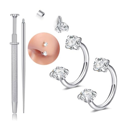 Longita 20g Nose Rings Hoop L Shape Nose Studs Stainless Steel Nose Screw Bone Flat Top Diamond Opal Heart High Nostril Piercing Jewelry Silver Rose Gold Black Pack for Women Men - color: C1- Horseshoe Ring 18g 8mm - silver 2pcs