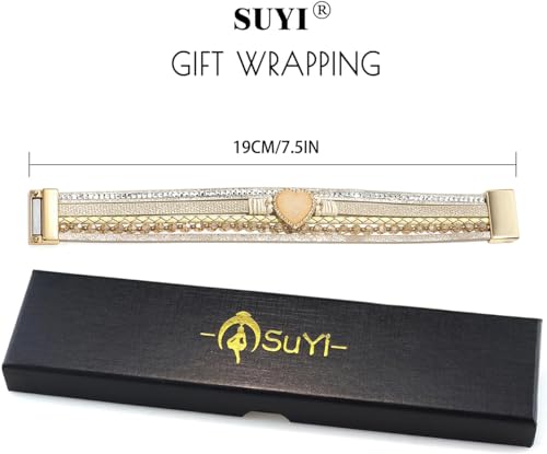 Suyi Multilayer Leather Wrap Bracelet Heart-Shape Wide Bracelets for Women - color: Khaki 2