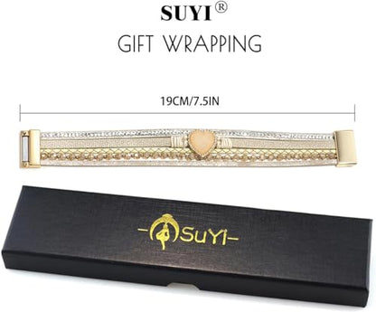 Suyi Multilayer Leather Wrap Bracelet Heart-Shape Wide Bracelets for Women - color: Khaki 2