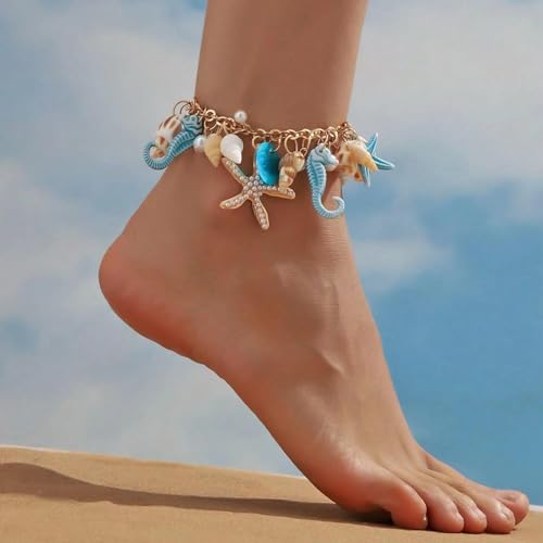 RUOFFETA Shell Starfish Necklace Bracelet Conch Statement Chunky Necklace Mermaid Costume Jewelry Beach Jewelry for Women - style: Anklet Blue