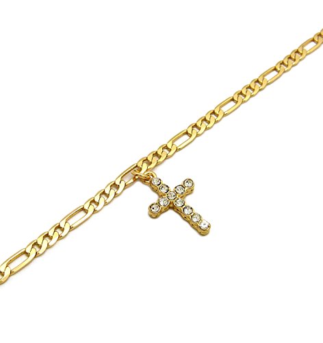 Fashion 21 Women's Cross, Ankh, Queen Nefertiti Piece 10 inches Figaro Chain Anklet Foot Bracelet in Gold Tone - style: Cross Piece / Figaro