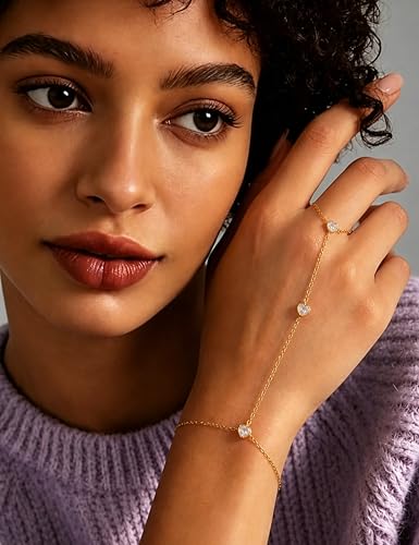 925 Sterling Silver Hand Chain Bracelet for Women | 14k Gold Plated CZ Crystal Heart Starburst Ring Bracelets Hand Chain Diamond Layered Stackable Link Chain Beach Jewelry Gifts - color: GoldD