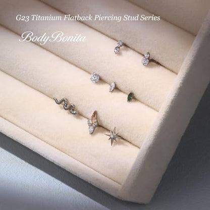 G23 Titanium 16G Tragus Conch Piercing Jewelry Flat Back Stud Earrings | Hypoallergenic CZ Nose Dangle Helix Medusa Lip Labret Body Piercing Jewelry, 14K Gold Plated, Silver, 6 and 8 mm Post Length - color: Starlight-Titanium