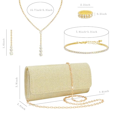 NEWITIN Purse Rhinestone Jewelry Set for Women Prom Jewels Crystal Clutch Purse Necklaces Rings Bracelets Earrings Gold Silver Jewelry Set for Women Bride - color: 6 Pieces Gold