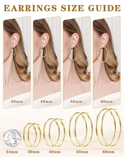 4 Pairs Gold Sliver Hoop Earrings For Women, Hypoallergenic Surgic Steel | 14K Gold Plated Stainless Steel, 30/40/50/60mm, Small Medium Large Size, Thin, Lightweight - color: 4 Pairs Gold-30/40/50/60mm