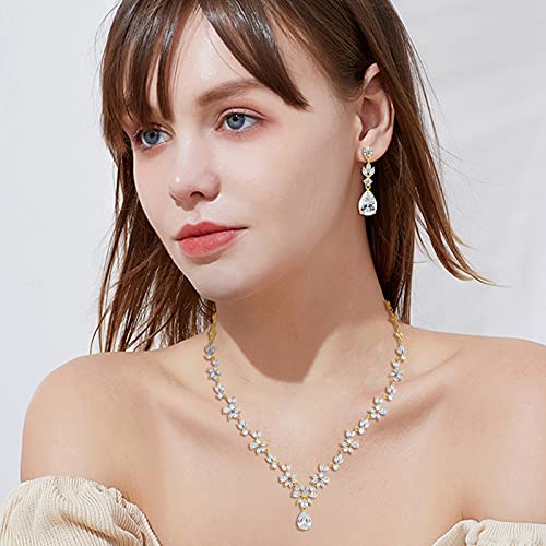 GULICX Wedding Jewelry for Bride, Silver Bridal Necklace Earrings Bracelet Set with Clear Cubic Zirconia, Bridemaids Jewelry Set for Wedding, Crystal Wedding Party Jewelry Set for Women Girls - color: Gold Plated
