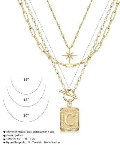 MJartoria Layered Initial Necklaces for Women | 14K Gold Plated Brass, Star Choker, Square Letter Pendant, Paperclip Chain - color: Gold, style: C