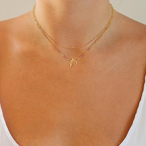 CHESKY 14K Gold Plated Layered Chain Necklace for Women | Trendy Cuban Link Chain, Chunky Paperclip Chain, Toggle Clasp Necklace, Fashion Gold Jewelry, Daily Gift for Women - style: Paperclip Figaro-GD