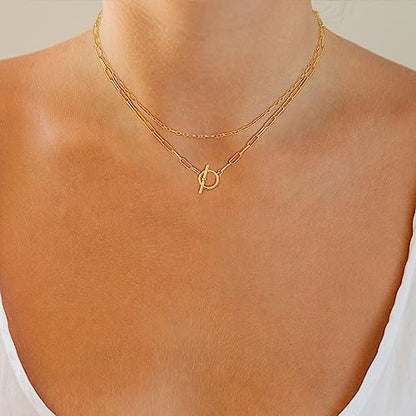 CHESKY 14K Gold Plated Layered Chain Necklace for Women | Trendy Cuban Link Chain, Chunky Paperclip Chain, Toggle Clasp Necklace, Fashion Gold Jewelry, Daily Gift for Women - style: Paperclip Figaro-GD