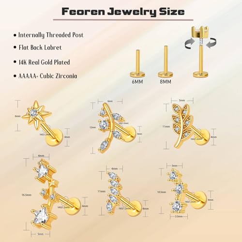 Flat Back Cartilage Earrings CZ Earring Studs Set Helix Conch Tragus Labret Piercing Jewelry for Women Internal Thread Hypoallergenic Surgical Stainless Steel 14K Gold 16 Gauge - color: 16G Bar-6mm Silver
