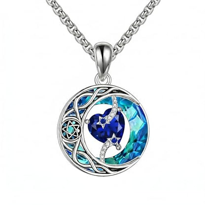 ONEFINITY Moon Star Necklace 18K White Gold Plated Celtic Moon Birthstone Pendant Necklaces Heart Birthstone Anniversary Birthday Jewelry Gifts for Women Wife Mom - style: September