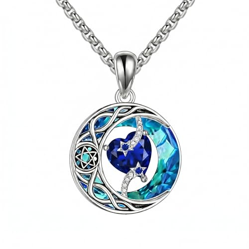 ONEFINITY Moon Star Necklace 18K White Gold Plated Celtic Moon Birthstone Pendant Necklaces Heart Birthstone Anniversary Birthday Jewelry Gifts for Women Wife Mom - style: September