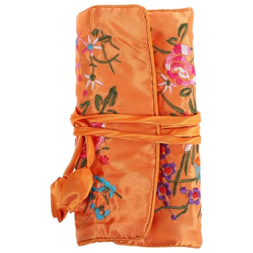 Cabilock Embroidered Jewelry Roll Bag Handmade Flower Brocade Jewelry Bag Organizer with Zip Pocket Travel Pouch for Earrings Bracelets Necklaces Cosmetic Brushes 10.62 X 7.87 X 0.19 in