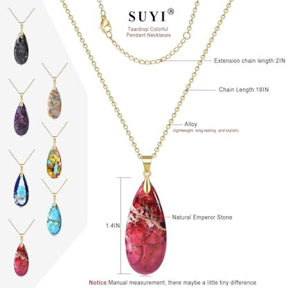 Suyi Stone Necklace for Women Teardrop Colorful Pendant Necklaces - color: Red Gold