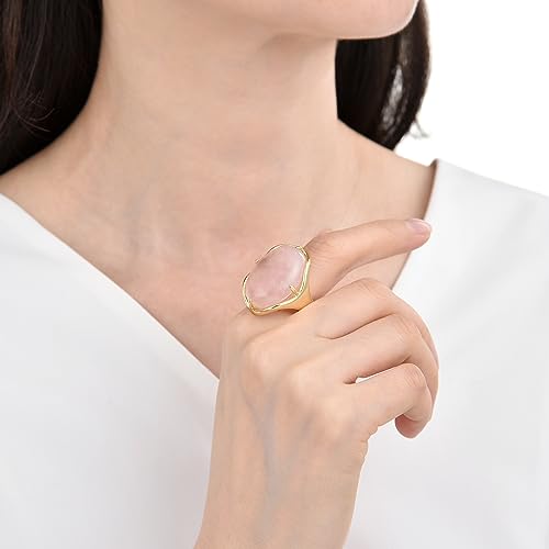 Natural Stone Adjustable Finger Rings Semi Precious Oval Shaped Gemstone Jewelry For Women Anniversary Birthday Wedding Gift - color: Rose Quartz