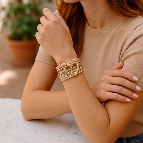 Edoneery Leather Wrap Bracelets for Women, Boho Layered Cuff Bangle | Multi-layer leather cuff, daily wear, stackable bangle, easy on-off, western jewelry gifts for women - color: Gold-5