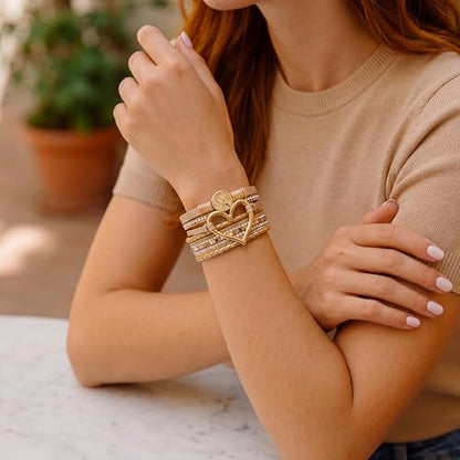 Edoneery Leather Wrap Bracelets for Women, Boho Layered Cuff Bangle | Multi-layer leather cuff, daily wear, stackable bangle, easy on-off, western jewelry gifts for women - color: Gold-5