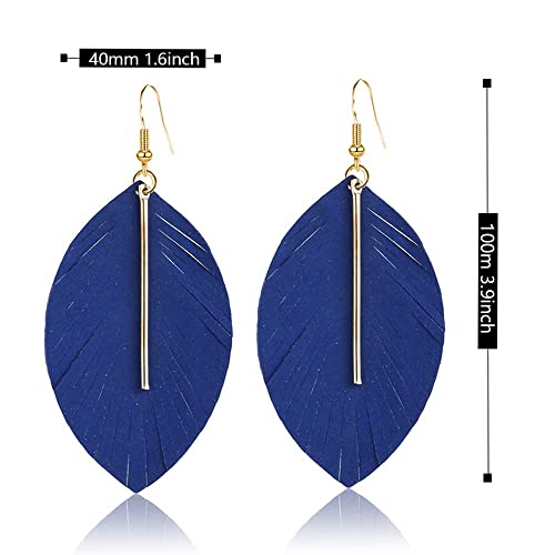 YUNXI Large Genuine Soft Leather Handmade Fringe Feather Lightweight Leaf with Simple Drop Metal Bar Tear Drop Dangle Color Earrings for Women - color: Royal Blue