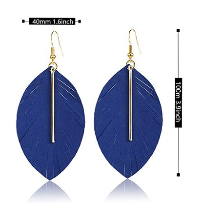 YUNXI Large Genuine Soft Leather Handmade Fringe Feather Lightweight Leaf with Simple Drop Metal Bar Tear Drop Dangle Color Earrings for Women - color: Royal Blue