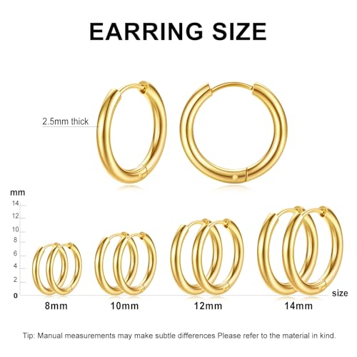 Silver Gold Hoop Earrings for Women Men, 316L Surgical Stainless Steel Huggie Hoop Earrings Set Hypoallergenic Small Cartilage Earrings Lightweight Hoop Earrings Huggie Set - color: 4 Pair Small Gold-8/10/12/14mm