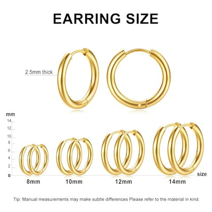 Silver Gold Hoop Earrings for Women Men, 316L Surgical Stainless Steel Huggie Hoop Earrings Set Hypoallergenic Small Cartilage Earrings Lightweight Hoop Earrings Huggie Set - color: 4 Pair Small Gold-8/10/12/14mm