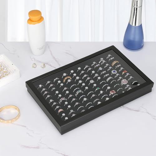 KUKUVR 100 Slots Ring Earring Holder Display Case (Black) | Velvet, Clear Lid, Ring Earring Storage Organizer Box Tray, for Women and Selling Show - color: Black