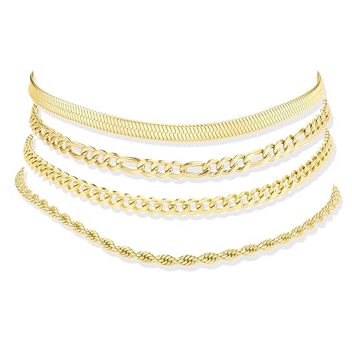 Besteel Ankle Bracelets for Women Waterproof 14K Gold Plated Anklets Set | Non Tarnish Stainless Steel, Plus Size Adjustable 8-12 Inch, Hypoallergenic Layered Cuban Link Chain Summer Foot Jewelry Gift - style: 4 Pcs Gold Cuban-10+2 Inch