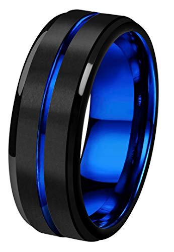 CROWNAL 6mm/8mm Tungsten Carbide Wedding Rings Men Women Blue/Rose Gold Line Ring Black and Silver Brushed Engraved I Love You Comfort Fit Size 4 To 16