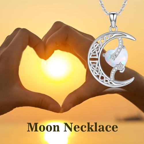 TOUPOP Moon and Star Birthstone Necklace for Women 925 Sterling Silver Celtic Moon Jewelry Birthday Mothers Day Gifts for Mom Wife Her - color: 10-October-Opal
