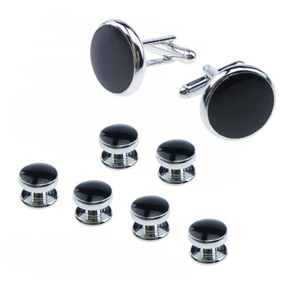 8Pcs Men Cufflinks and Studs Set Classic Black Tuxedo Shirt Accessories for Business and Wedding Polished Surface Secure Closure