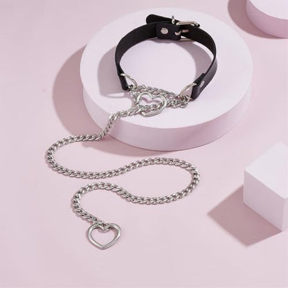 Slip Chain Necklace with Leather Choker Stainless Steel Cuban Link Long Lariat Necklace Punk Rock Heart Chain Necklace Handmade Collar for Women - color: Black&Silver
