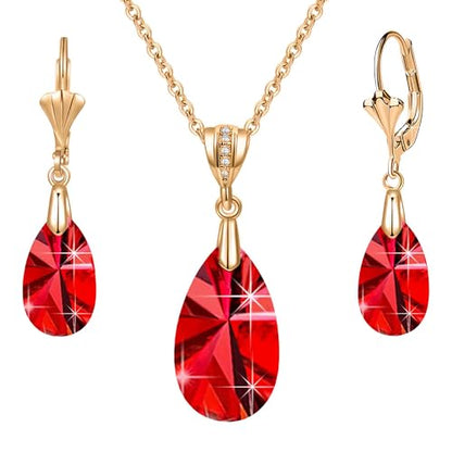Austrian Crystals Teardrop Pendant Necklace Earrings for Women 14K Gold Plated Hypoallergenic Leverback Drop Dangle Earrings Jewelry Set - color: Red