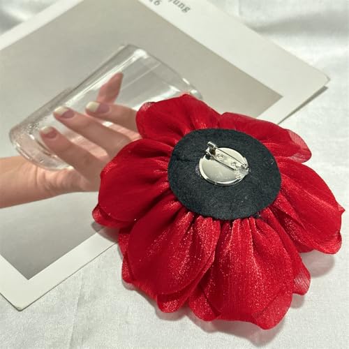 Flash Camellia Flower Brooch Pin for Women Men Elegant Texture Fabric Dahlia Rose Floral Brooches Lapel Pins Dainty Wedding Holiday Party Costume Dress Accessories Jewelry - color: Red