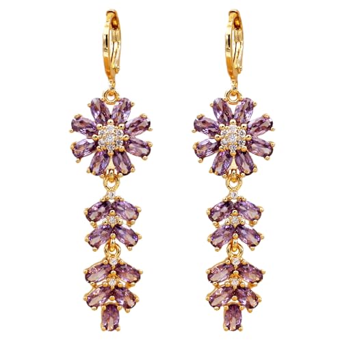 18K Gold Plated Flower Dangle Earrings for Women, Hypoallergenic Cubic Zirconia Earrings, Elegant CZ Drop Earrings, Statement Jewelry Gifts Party Fashion - style: Flower-Purple