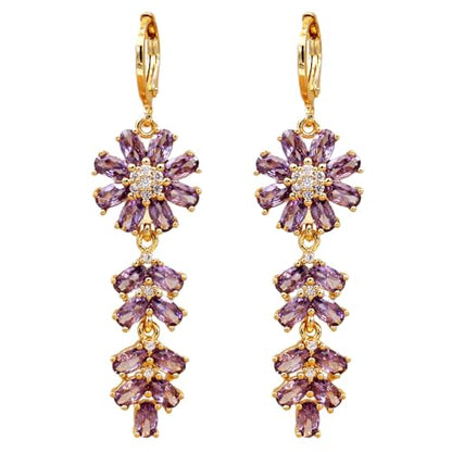 18K Gold Plated Flower Dangle Earrings for Women, Hypoallergenic Cubic Zirconia Earrings, Elegant CZ Drop Earrings, Statement Jewelry Gifts Party Fashion - style: Flower-Purple