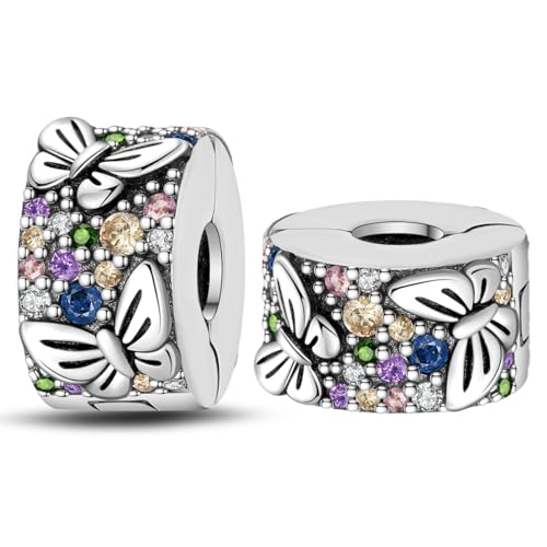 925 Sterling Silver Stopper Clip Charms for Bracelet Necklace Spacer Beads with 5A Cubic Zirconia Mother's Day Christmas DIY Gift for Women(2PCS) - style: Colorful butterflies