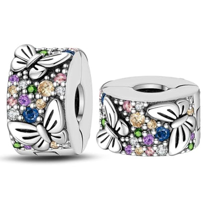925 Sterling Silver Stopper Clip Charms for Bracelet Necklace Spacer Beads with 5A Cubic Zirconia Mother's Day Christmas DIY Gift for Women(2PCS) - style: Colorful butterflies