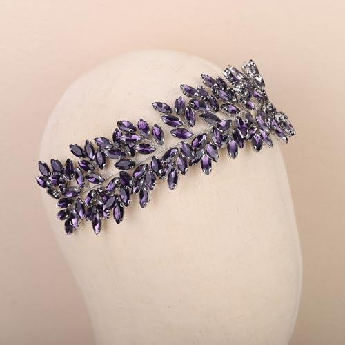 Missgrace Women Silver Green Black Red Blue Handmade Full Crystal Rhinestone Large Headband Hair Vine Shinny Headpiece Bridal Wedding Hair Accessories for Women (Purple) - color: Purple