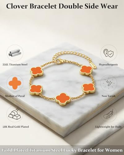 Four Leaf Clover Bracelet for Women 18K Gold Plated Stainless Steel 4 Leaf Link Chain Adjustable Bracelets Lucky Gift for Women/White/Black/Rich Red/Emerald Green/ Navy Blue/Pink Bracelets - color: Orange/Gold