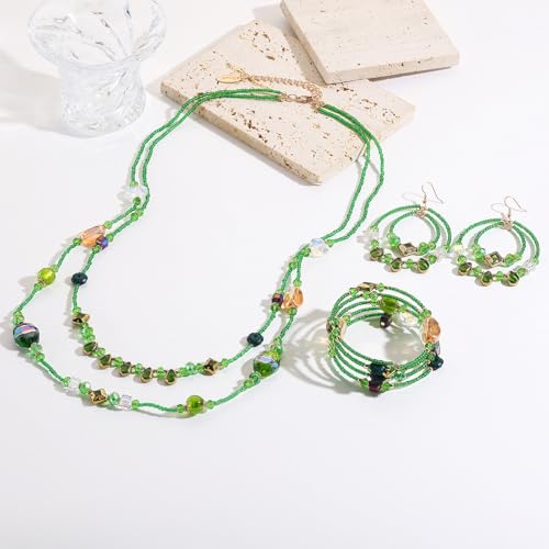 Bocar Bohemian Handmade Beaded Jewelry Set for Women 3 Pcs Layered Necklace Hoop Earrings Wrap Bracelet Set Boho Summer Vacation Jewelry Gift (NK-10834) - color: Green