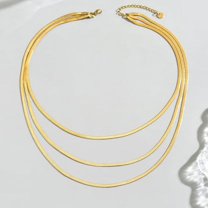 18K Gold Plated Layered Herringbone Necklaces for Women Dainty Layering Beaded Snake Chain Choker Moon Coin Pendant Necklace Trendy Stainless Steel Jewelry - color: Trible Herringbone-Gold