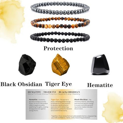 4mm 6mm 8mm Healing Crystal Bracelets for Women Men Natural Stone Beaded Stretch Bracelet Handmade Gemstone Reiki Spiritual Jewelry Gifts - color: Tiger Eye+Black Obsidian+Hematite-Protection, size: 4mm