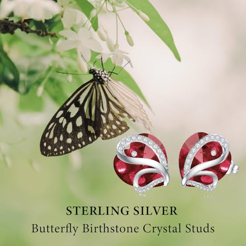Butterfly Heart Birthstone Crystal Stud Earrings for Women S925 Sterling Silver Heart Birthstone Studs Birthday Gifts for Wife Mother Daughter Girlfriend Mom - color: 01-January