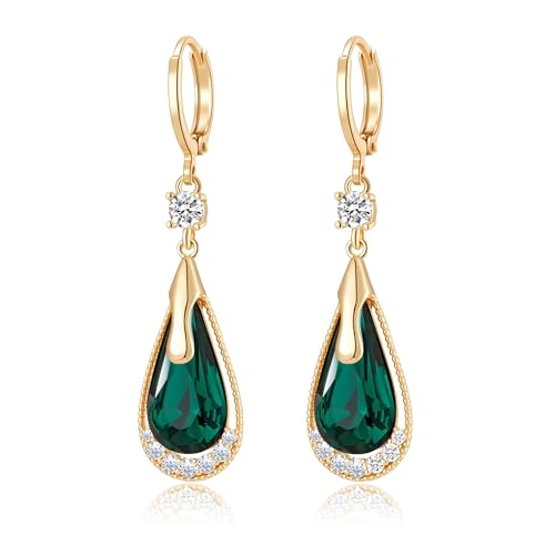 Trendy Austrian Crystal Teardrop Drop Huggie Dangle Earrings for Women 14k Rose Gold Plated Hypoallergenic Jewelry Gifts - color: Green